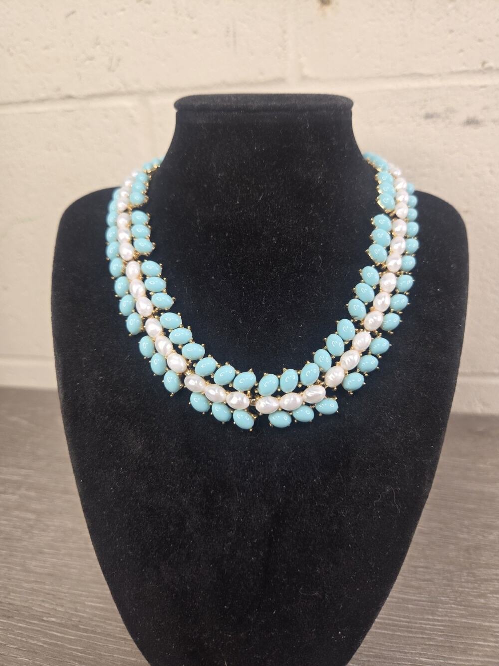 Signed TRIFARI Demi Parure Faux Turquoise Pearl 3 Row Necklace
